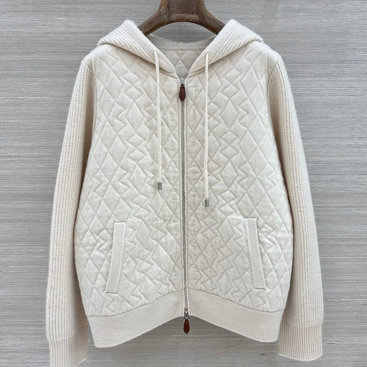 High Quality Women Hooded Zip Up Jacket Drawstring Long Sleeve Knit Splice Pockets Casual Outerwear lyt0680656