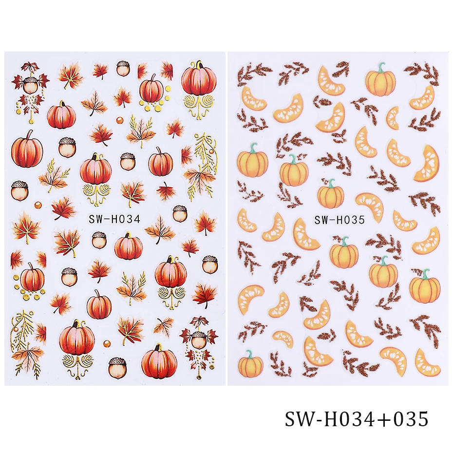 2 stücke Herbst Kürbis Nagel Aufkleber 3D Ahornblatt Kiefer Obst Selbstklebende Nagel Aufkleber Slider DIY Thanksgiving Maniküre Dekoration