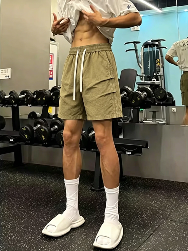 

American Washed Pleated Workwear Shorts Men Summer Outdoor Fitness Sports Pants Cleanfit Straight Fourths Briefs Shorts