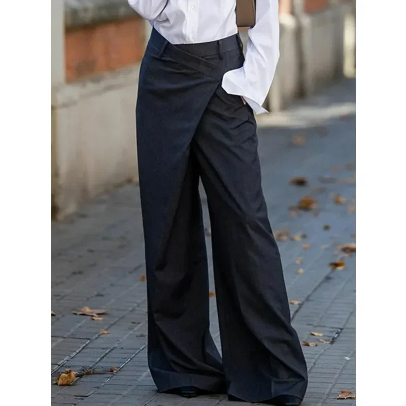 Yeezzi Urban Female Asymmetric High Waisted Suit Pants 2024 New Fashion Black Gray Color Floor-Length Wide Leg Office Trousers