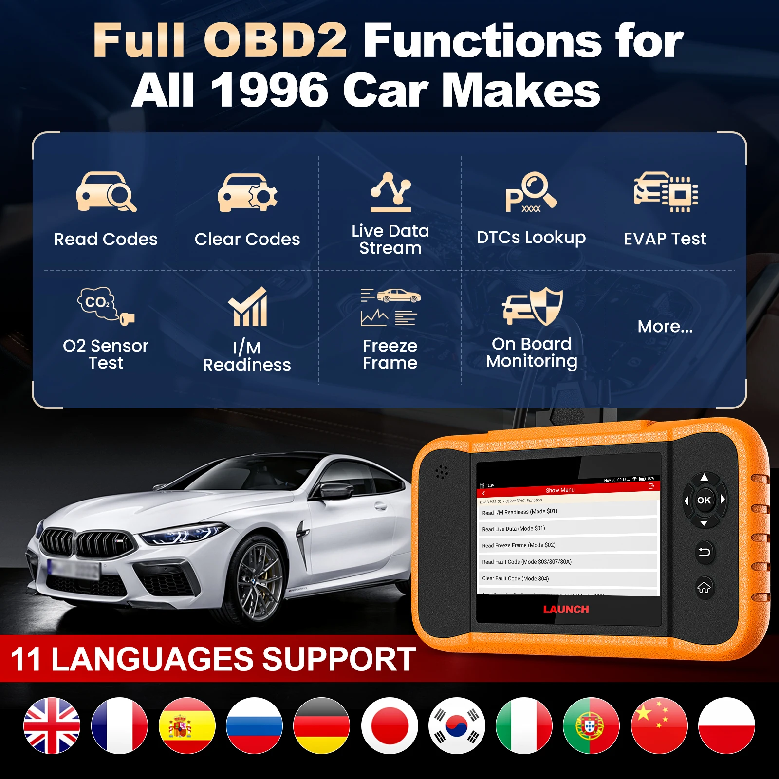 LAUNCH X431 Creader Elite 2.0 FGC Full System Diagnostic Tools OBD2 Scanner Active Test ECU Coding For Ford For GM For Chrysler