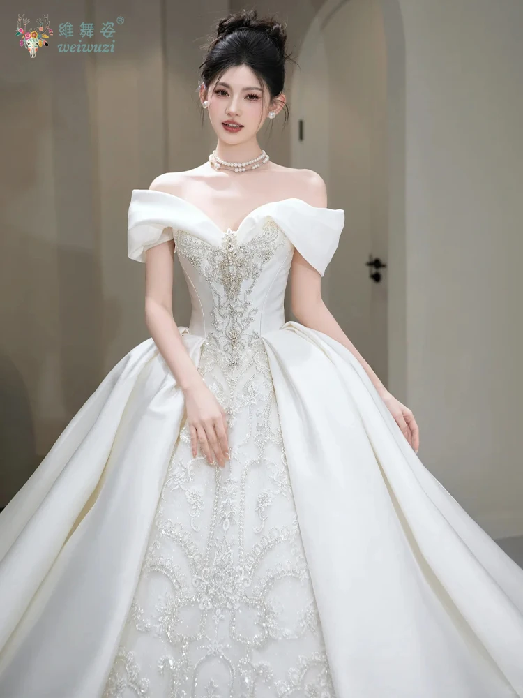 2025 신규 맞춤형 프랑스 스타일 고급 원단 레이스 럭셔리 오프숄더 임부복 웨딩드레스