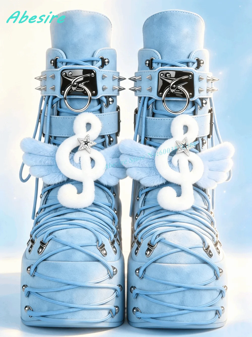 Blue Suede Platform Block Heel Ankle Boots Lace Up Buckle Straps Fluffy Music Note Women's Boots Gothic Sweet Punk Lolita Shoes