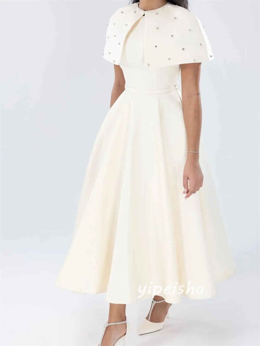 Customized Simple Exquisite Jersey Pleat Rhinestone A-line High Collar Ankle Length Evening Dresses Pastrol for Woman 3