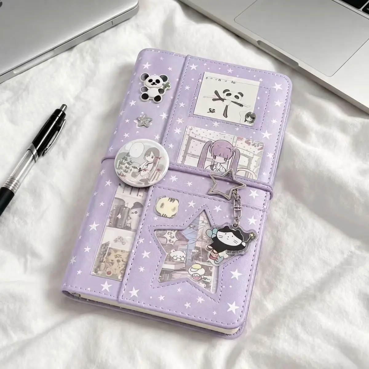 A6 Retro Purple  Polka Dots Black Star With 45 Sheets Inner Page DIY PU Clip-on Notebook Loose Leaf Notebook