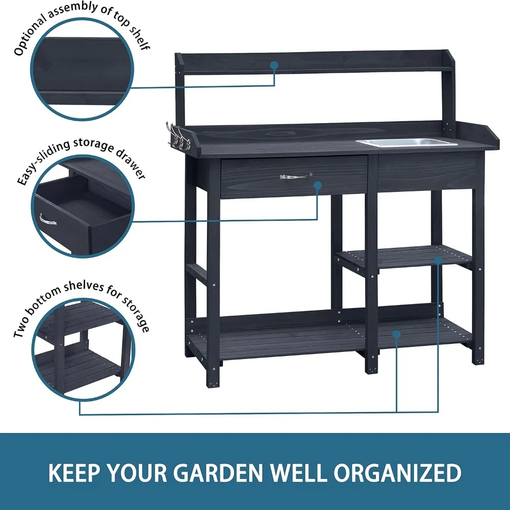 Potting Bench Garden Table for Outdoors with Removable Stainless Sink, Planting Work Bench with Storage Shelves and Drawer, Grey