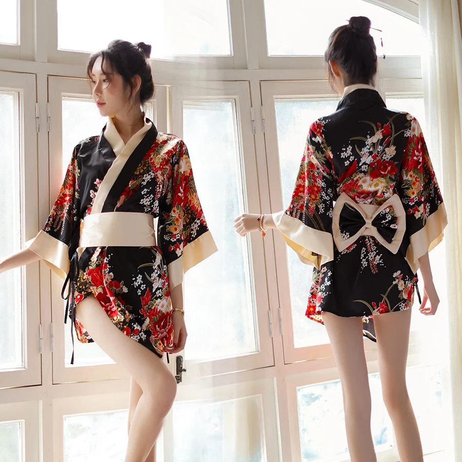 

2023 New Sash Tied Nightwear Sexy Long Robe Floral Dress Japanese Women Kimono Japan Style Sex Game Lingerie Cosplay Costume