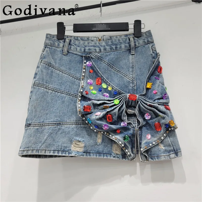 

New Slim Heavy Industry Three-dimensional Bow Bead Diamond A-line Short Skirt Summer Blue Girls High Waist Korean Denim Skirts