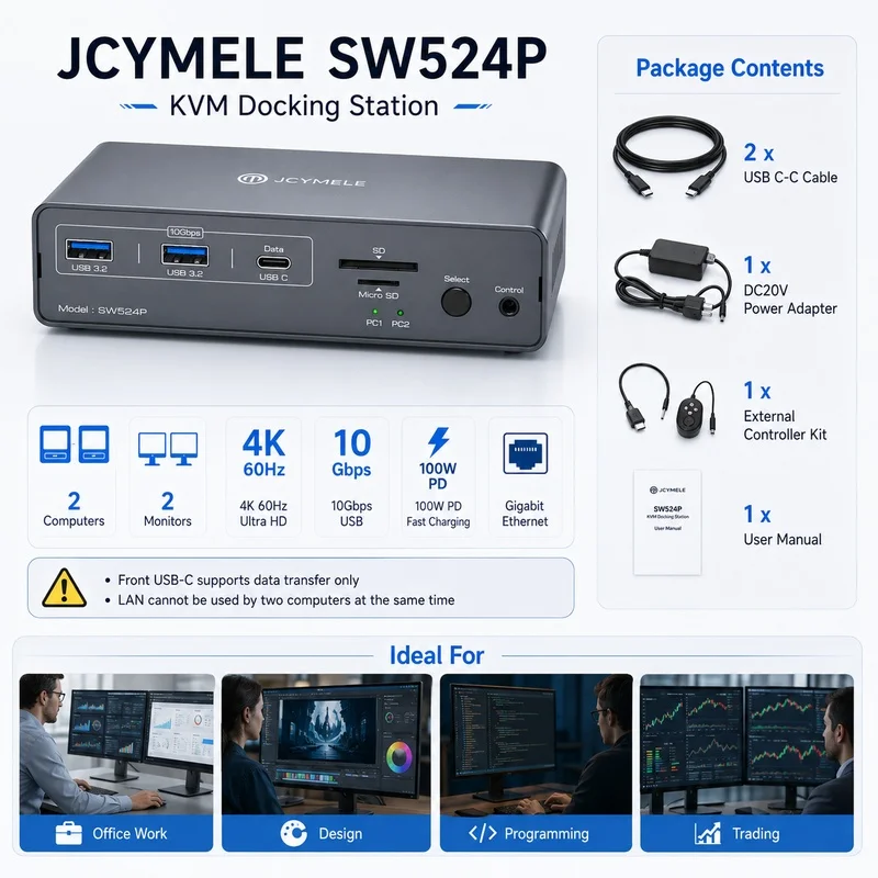 USB-C KVM Switch Dock 2-in-2-Out 4K 60Hz HDMI, Dual-Monitor Docking Station for 2 Computers Sharing PD 100W Windows JCYMELE