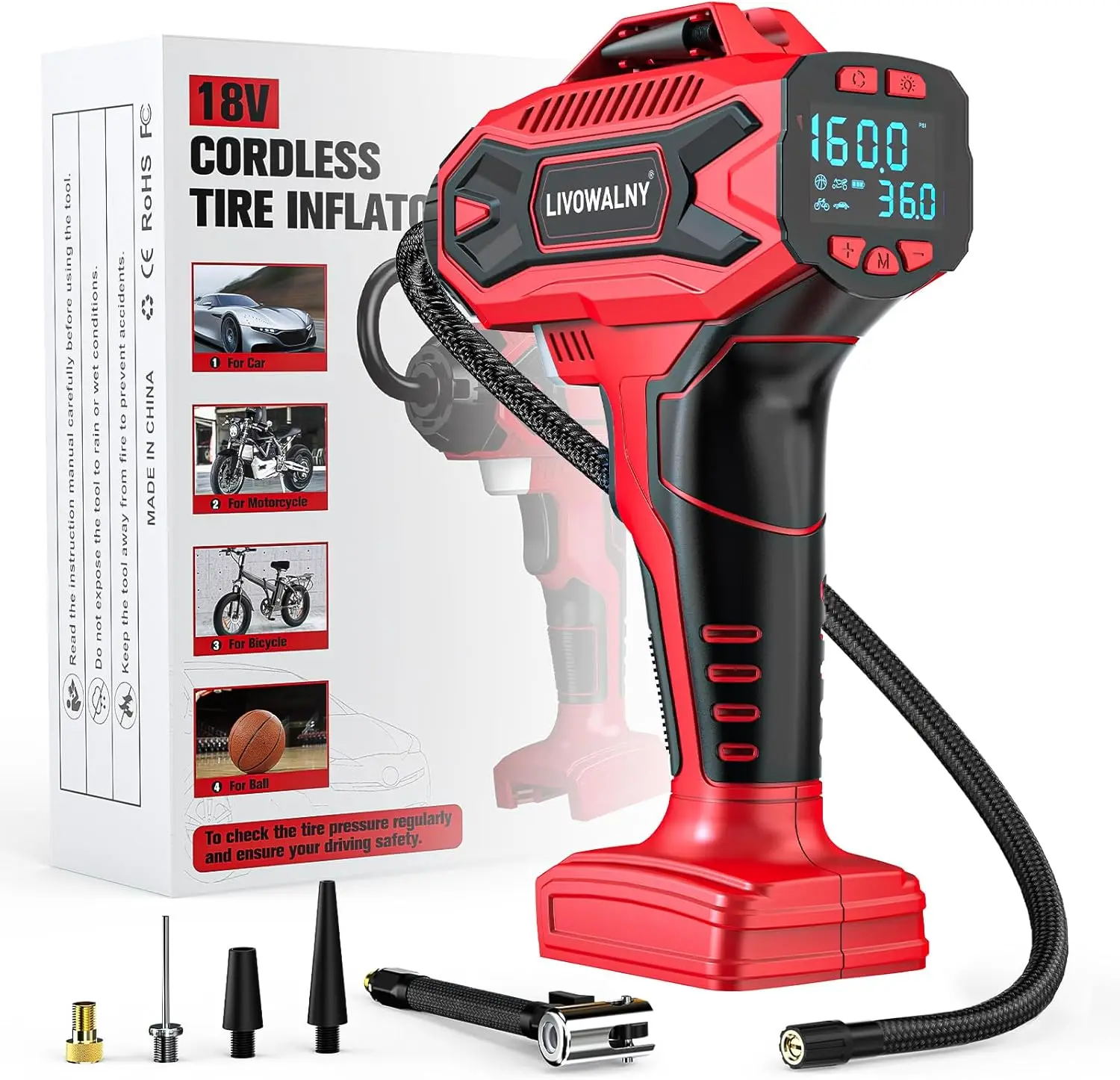 

160 PSI Cordless Tire Inflator with Digital Gauge, Compatible with Milwaukee M18 Batteries for Car Bike Ball Inflation