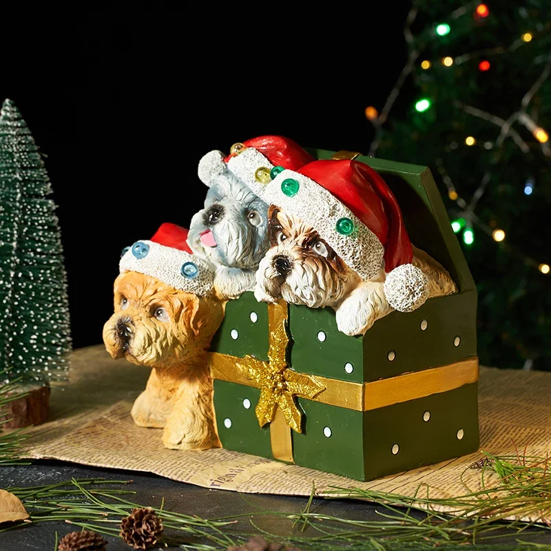 Resin Puppy Figurines With Glowing Christmas Living Room Decorations Accessories Xmas Navidad New Year Gifts for Kids