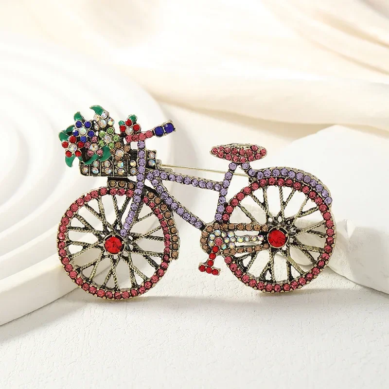 Women Bike Brooch Vintage Shining Baroque Bicycle Flower Full Crystal Badges Pins Palace Beautiful Jewelry Accessories