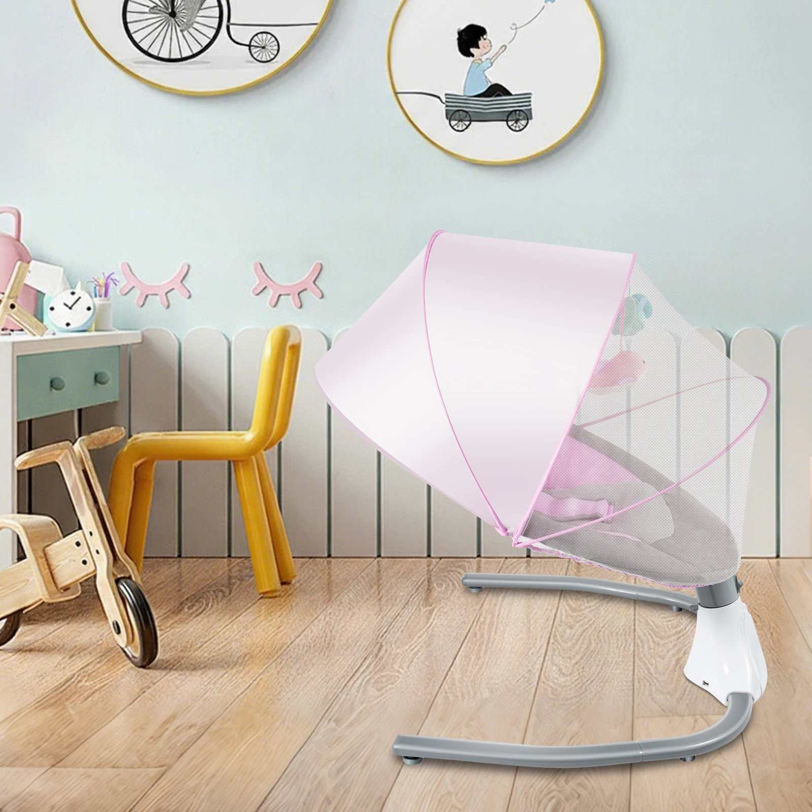 Ayunan Bayi Elektrik USB 0-18 Bulan, Baja Berlapis Cat, Kursi Goyang Bayi dengan 12 Lagu dan Remote Control, 4 Tingkat Ayunan