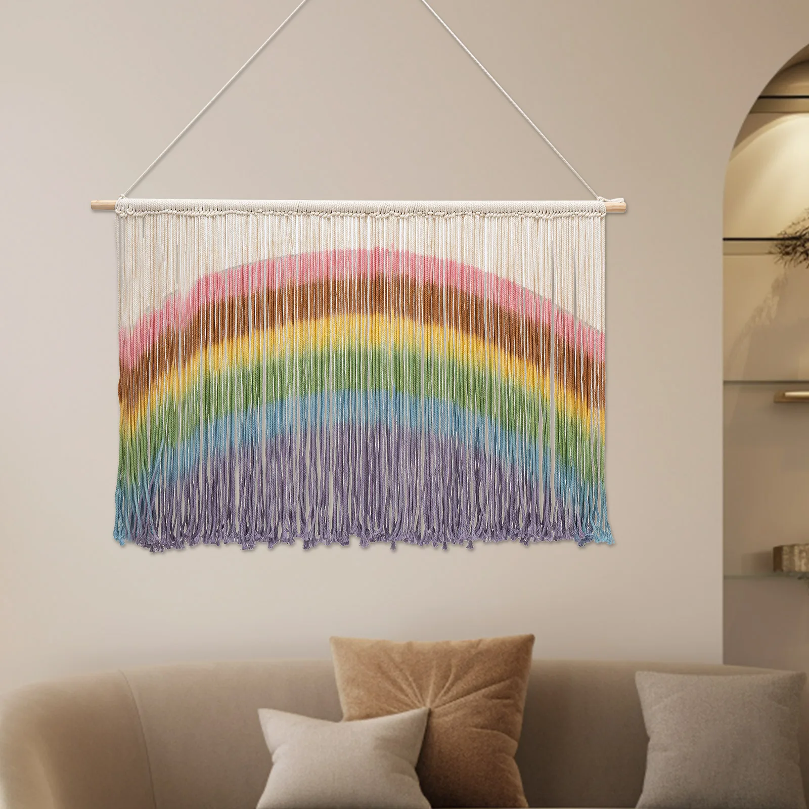 Colgante de pared de macramé arcoíris (109x70cm): cuerda de algodón + madera (hecho a mano/tinte con lazo), montado en la pared (gancho incluido), cubre arañazos de pared
