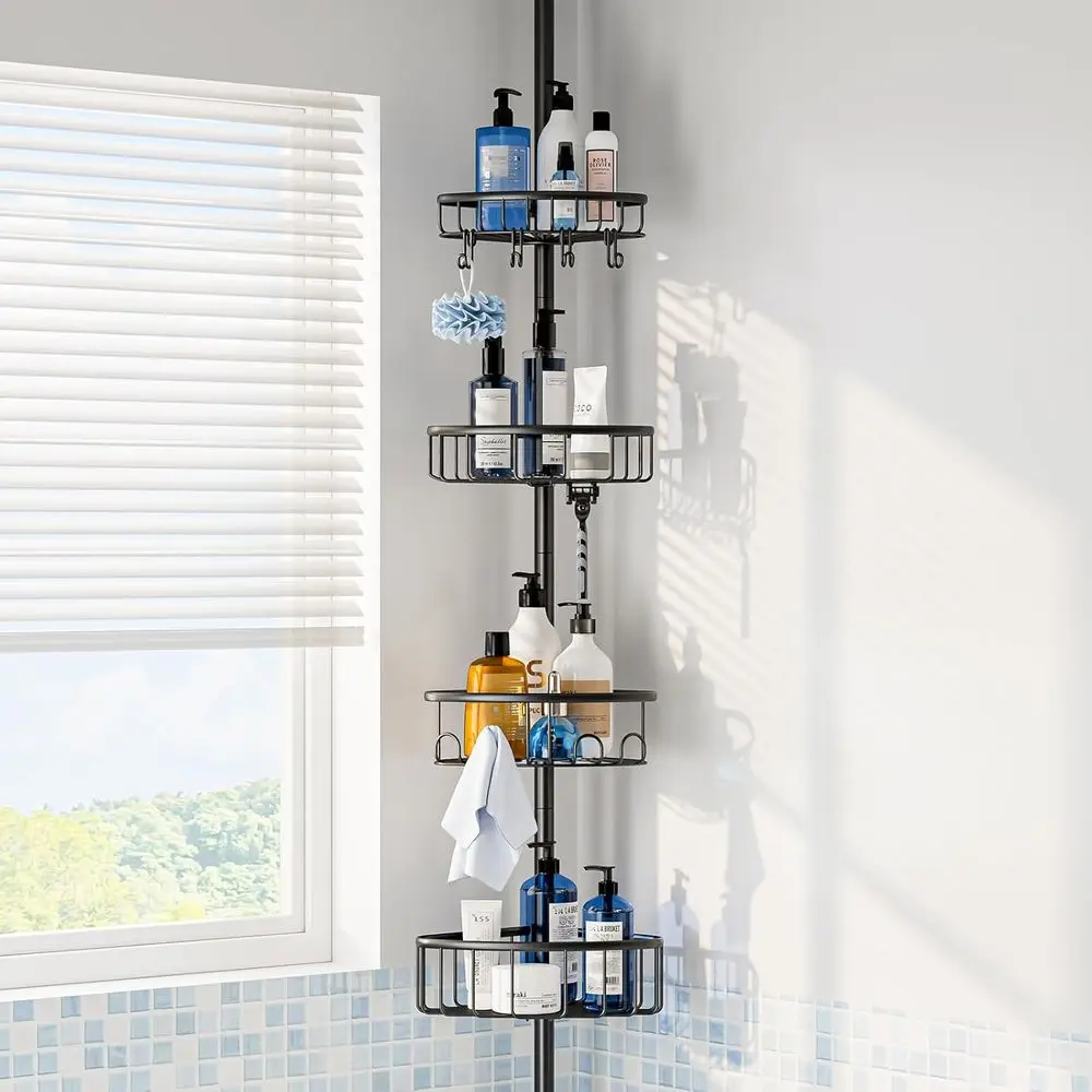 

Stainless Steel 4-Tier Tension Shower Caddy: Adjustable 47-121 inch Pole Organizer for Bath, Shampoo Storage - Black