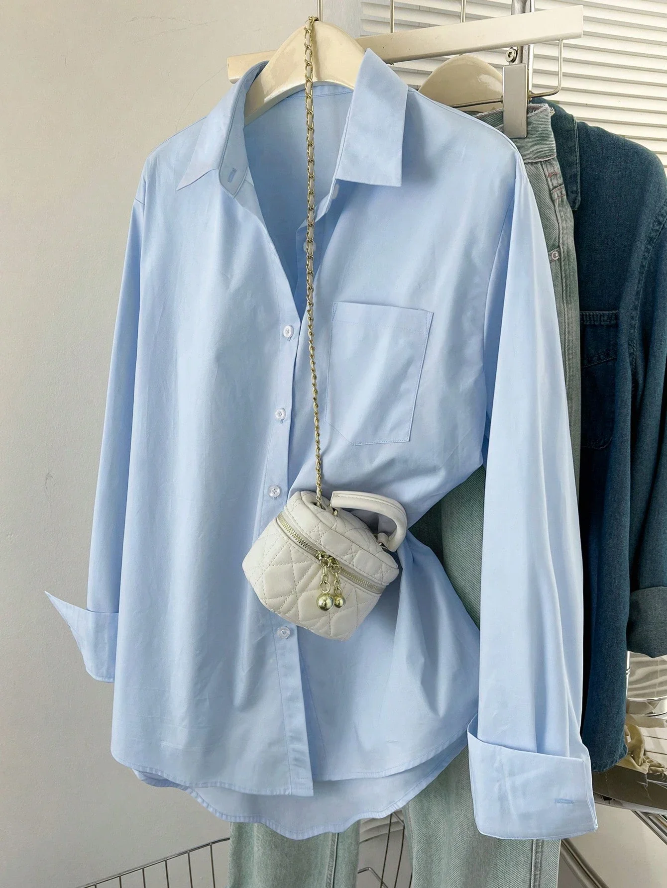 

Women Casual Solid Color Drop Shoulder Loose Long Sleeve Shirt