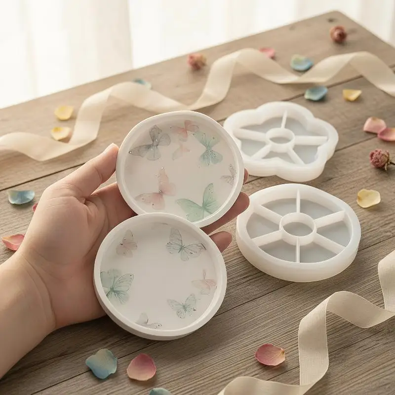 Round Flower Silicone Tray Mold Non-Stick for DIY Epoxy Resin Plaster Parent-Child Interactive Handcraft Home Decor