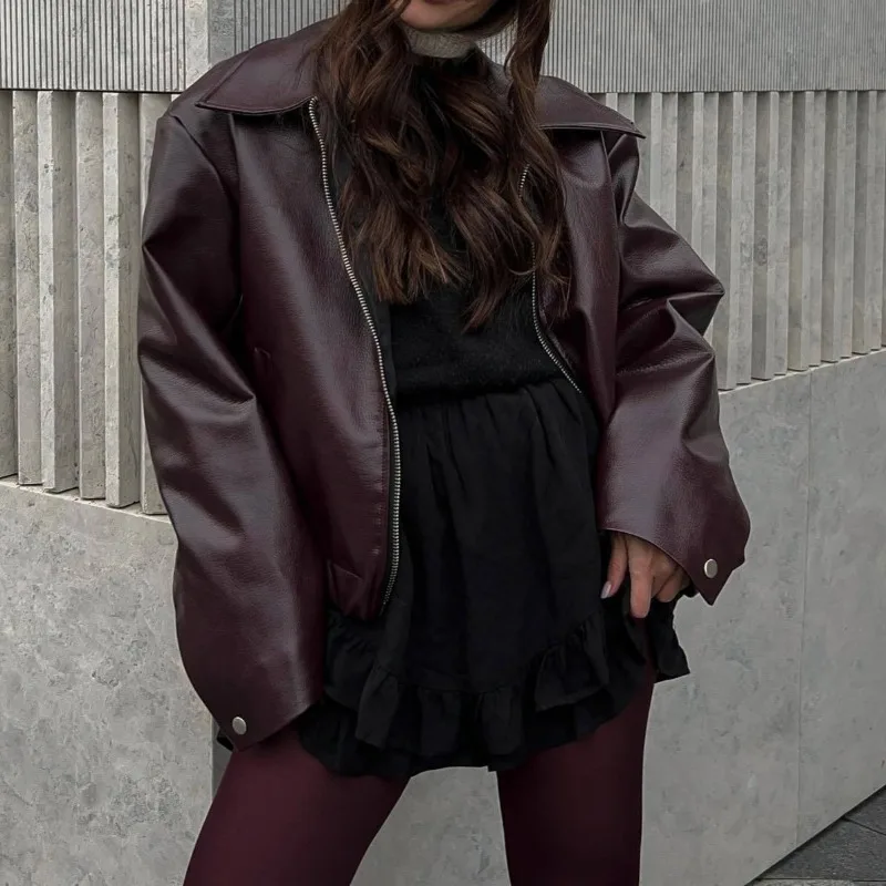 

Однотонная кожаная куртка на молнии в европейском и американском стиле, новинка 2023 года, уличная трендовая свободная повседневная куртка с лацканами
