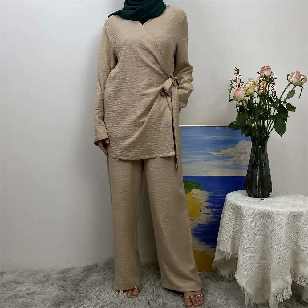 

Fashion women's simple wide leg pants Muslim lace up set 2347+1909