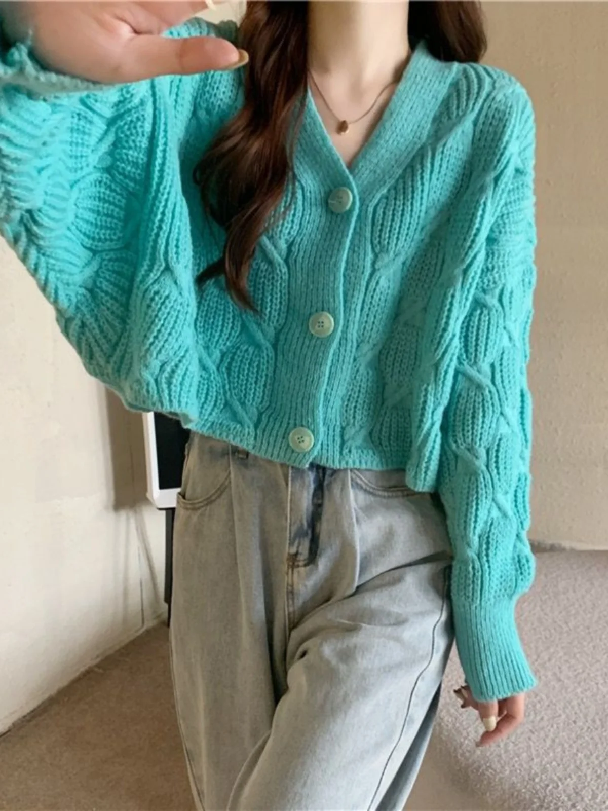 트렌디한 브이넥 레이지 슬레 트위스트 니트 스웨터 코트 여성용 봄 가을 소형 사이즈 루즈핏 롱 니트 스웨터