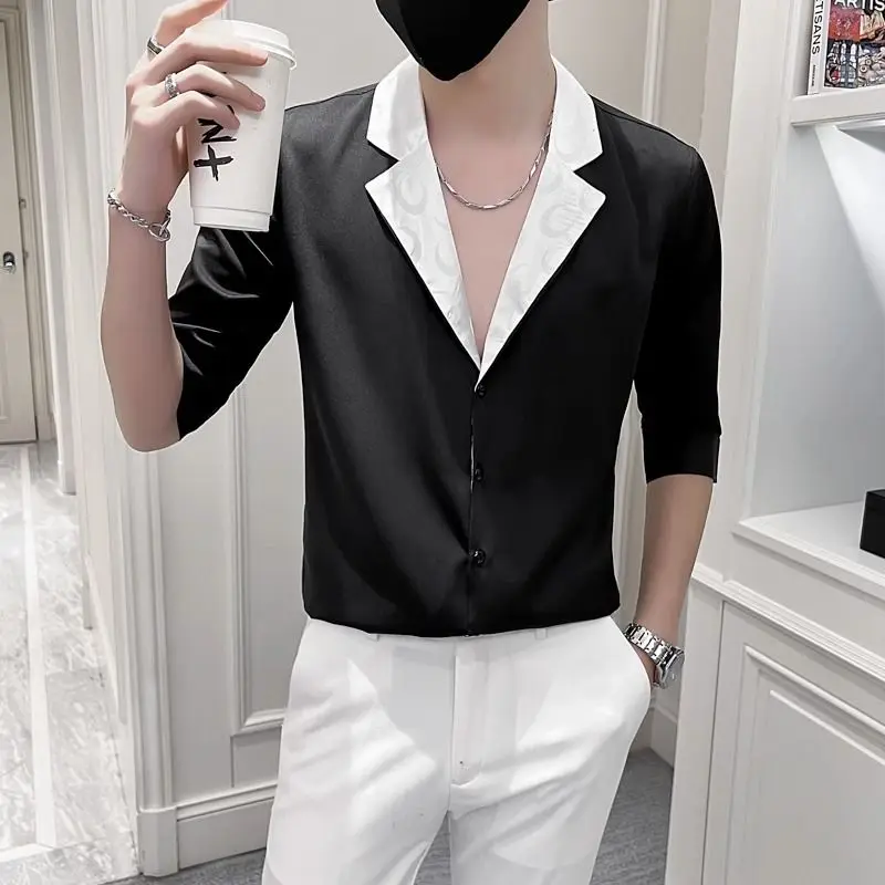 2025 새로운 잘 생긴 얇은 패션 캐주얼 하이 엔드 감각 5 점 소매 셔츠 유행 다목적 맞춤형 남성 셔츠