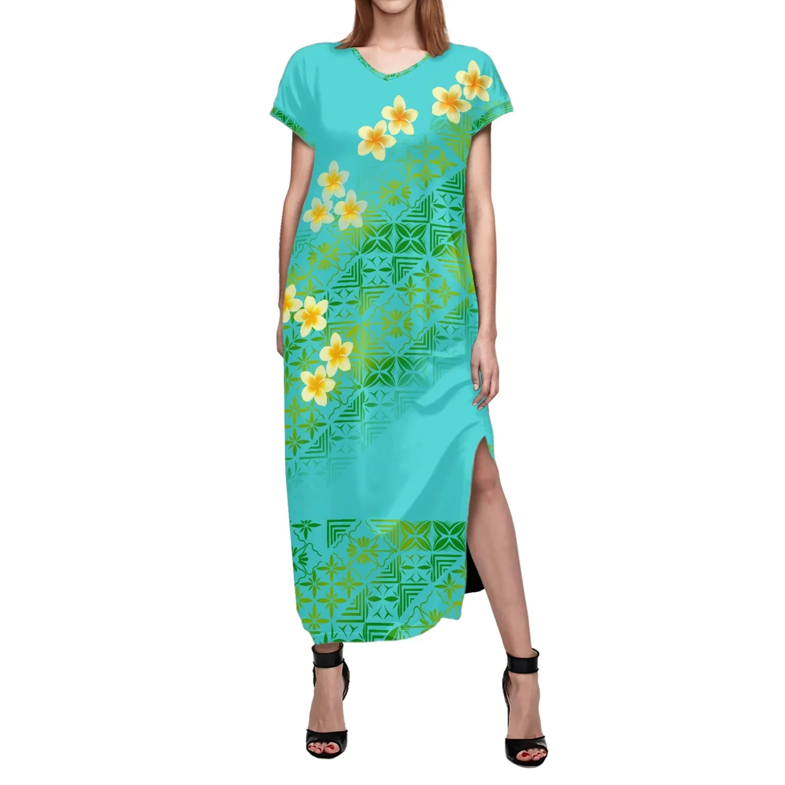 Polynesian Tribal Pohnpei Totem Tattoo Prints Elegant Beach Fashion Slim Lady Dress, Short Sleeve V Neck, Holiday Party Dresses