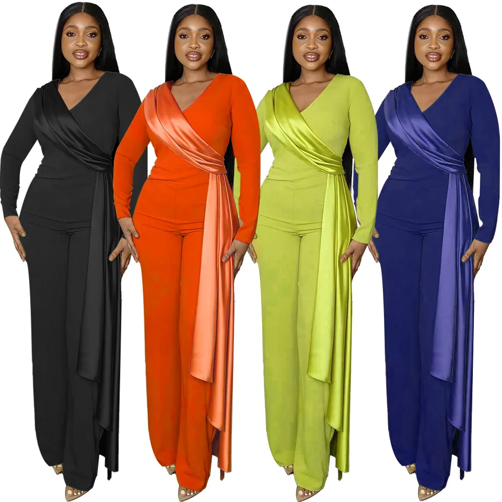 Elegant African Clothes for Women 2024 Autumn African Long Sleeve V-neck Green Black Orange Blue Long Jumpsuit African Clothing