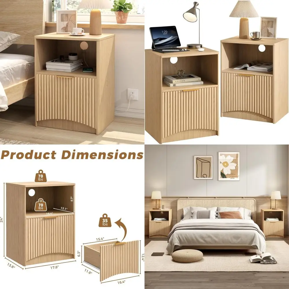 Pair of Natural Oak Nightstands, Large Drawer & Open Shelf, Suitable for Bedroom or Living Room