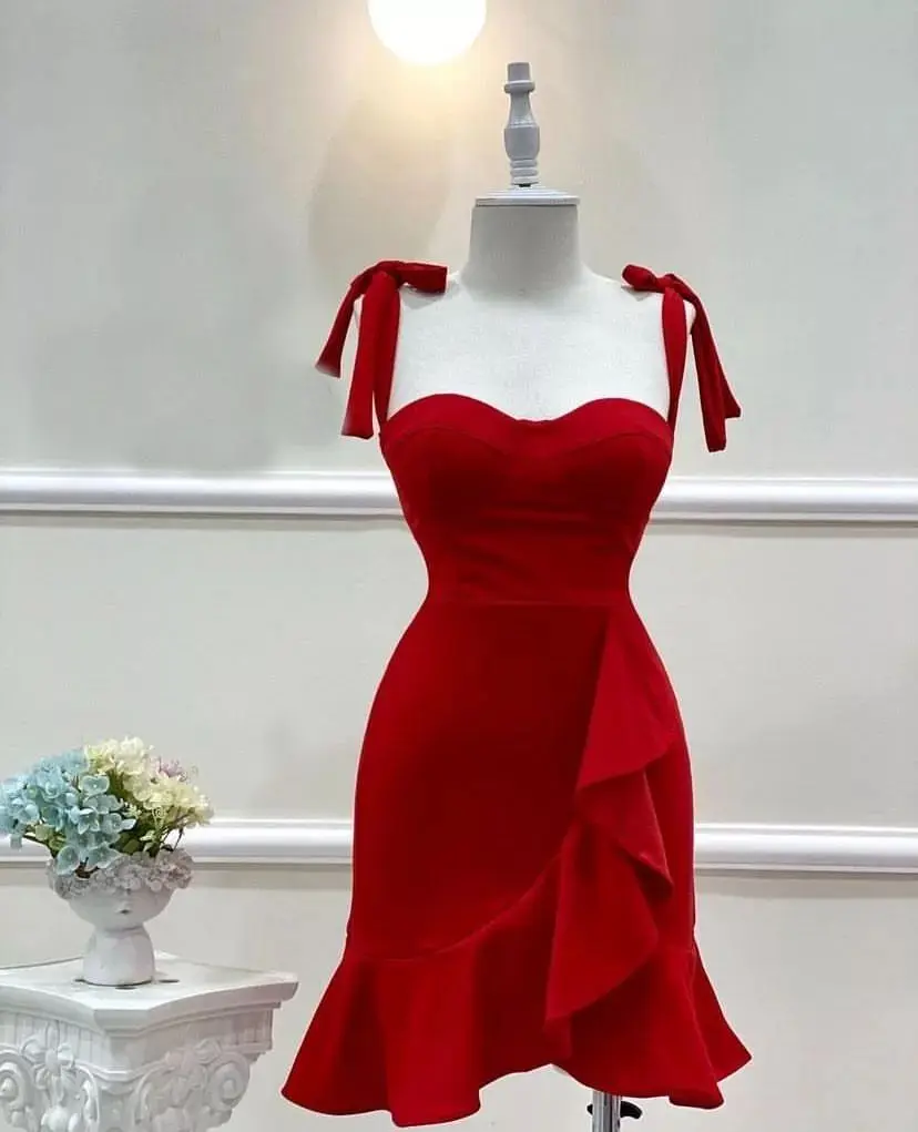 

FLORINE TULIRAIN Scalloped Neckline Ruffle Zipper Up Short Red Simple Wedding Evening Dress Cocktail Prom Gown For Sexy Women