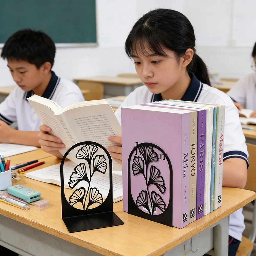 

Floral Metal Bookends 1Pair - Minimalist Hollow-Cut Rose/Ginkgo/Plant Book Holders for Home & Office Decor