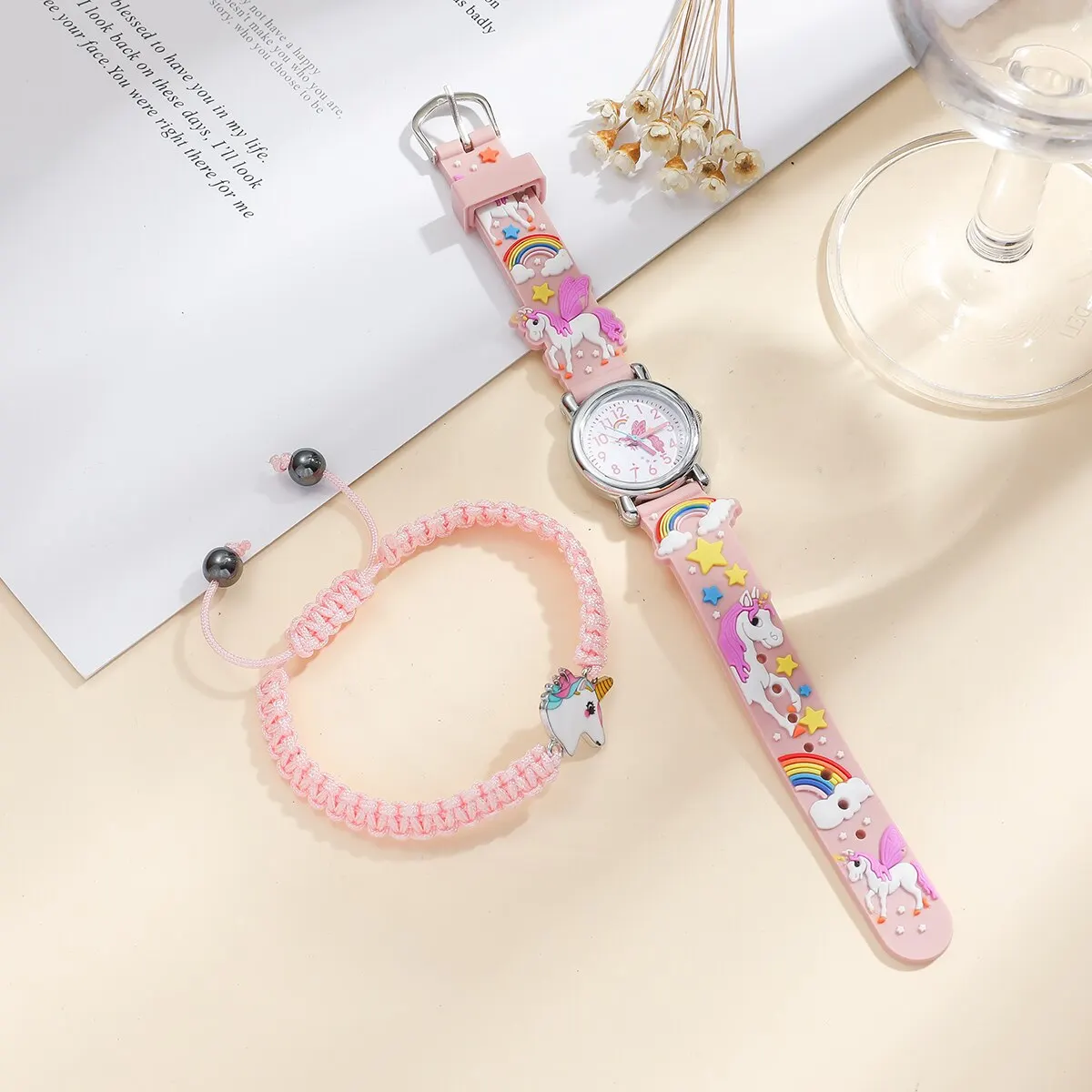 Kids Pink Cute Childrens Wristwatch Cartoon Pattern Quartz Watch Set For Girls Fashion Students Clock Relogio