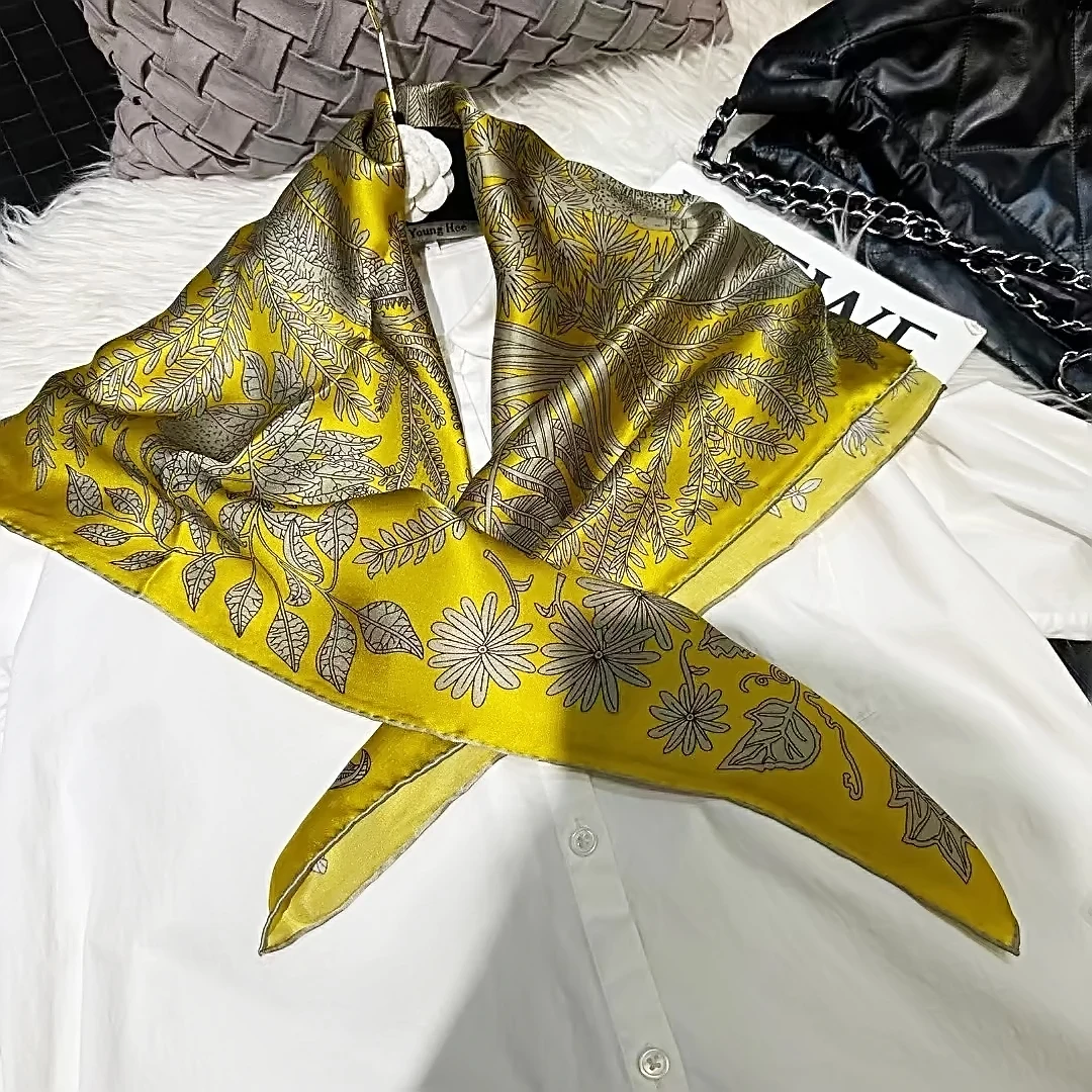 BYSIFA|Women Yellow 100% Mulberry Silk Scarf Winter Brand Floral Design 100% Mulberry Silk Square Scarves Fashion Hijabs Bufanda