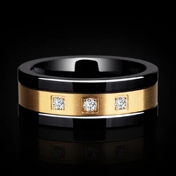 Custom Name 8mm Width Black Rings for Man Tungsten Wedding Band Gold Brushed Finishing with Three PCS CZ Stone for Birthday Gift