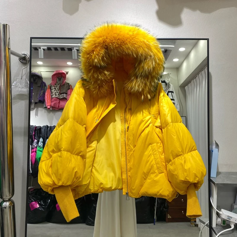 Winter High End Natural Large Fur Collar Down Jacket Female Hooded Warm Thick Parker Jacket Women White Duck Down Loose Outwears