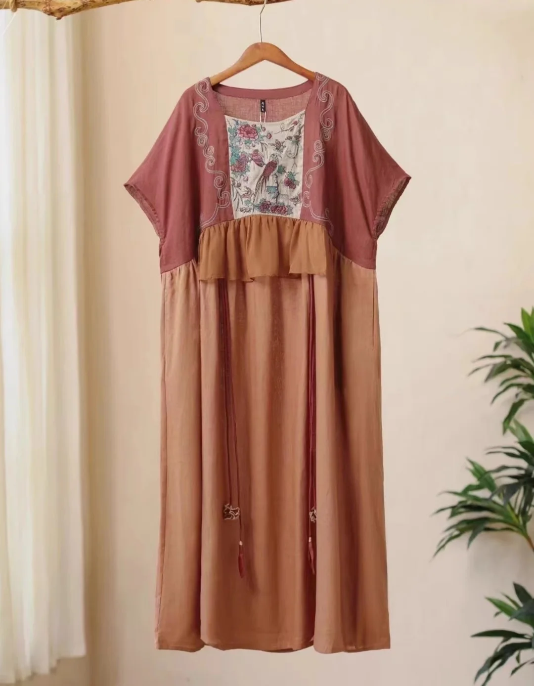 Luxury Women's dress 100% linen Summer dress Pink embroidered short sleeved long skirt national style loose holiday dress