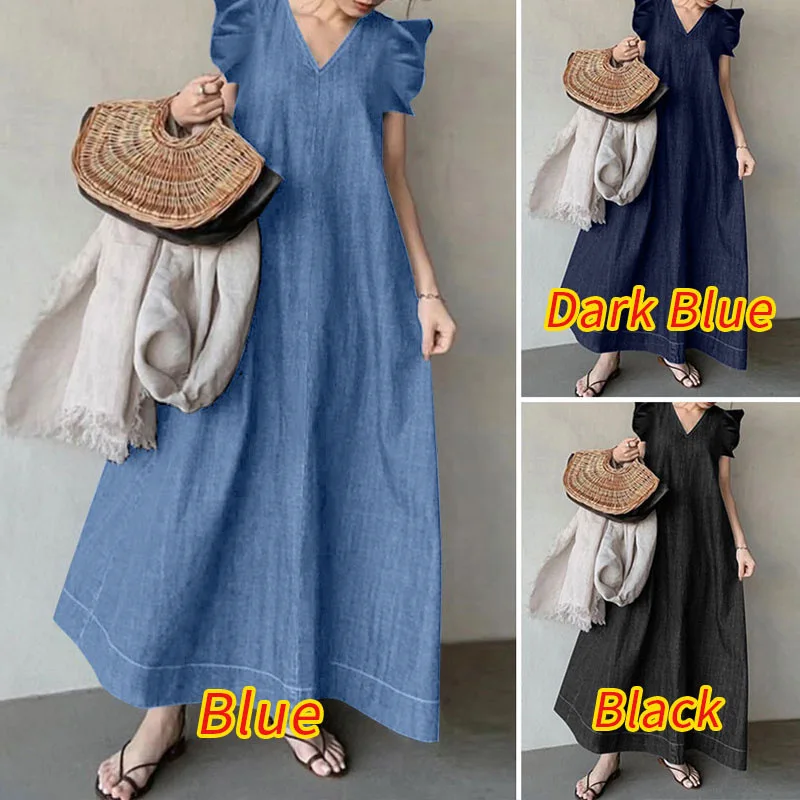 2024 new fashion denim color temperament commuter V-neck Bohemian loose plus size long dress платья ドレス robe grande taille femme