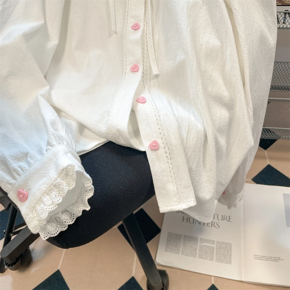 日本スタイルのかわいいレースパッチワークスター刺繍 JK スクールシャツ女性春秋ピーターパン襟長袖カジュアルブラウス