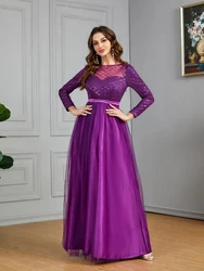 Women Plus Size Evening Dress Elegant Mesh Double Layer Long Sleeve Round Neck A-Line Cocktail Wedding Guest Long Dresses 2024