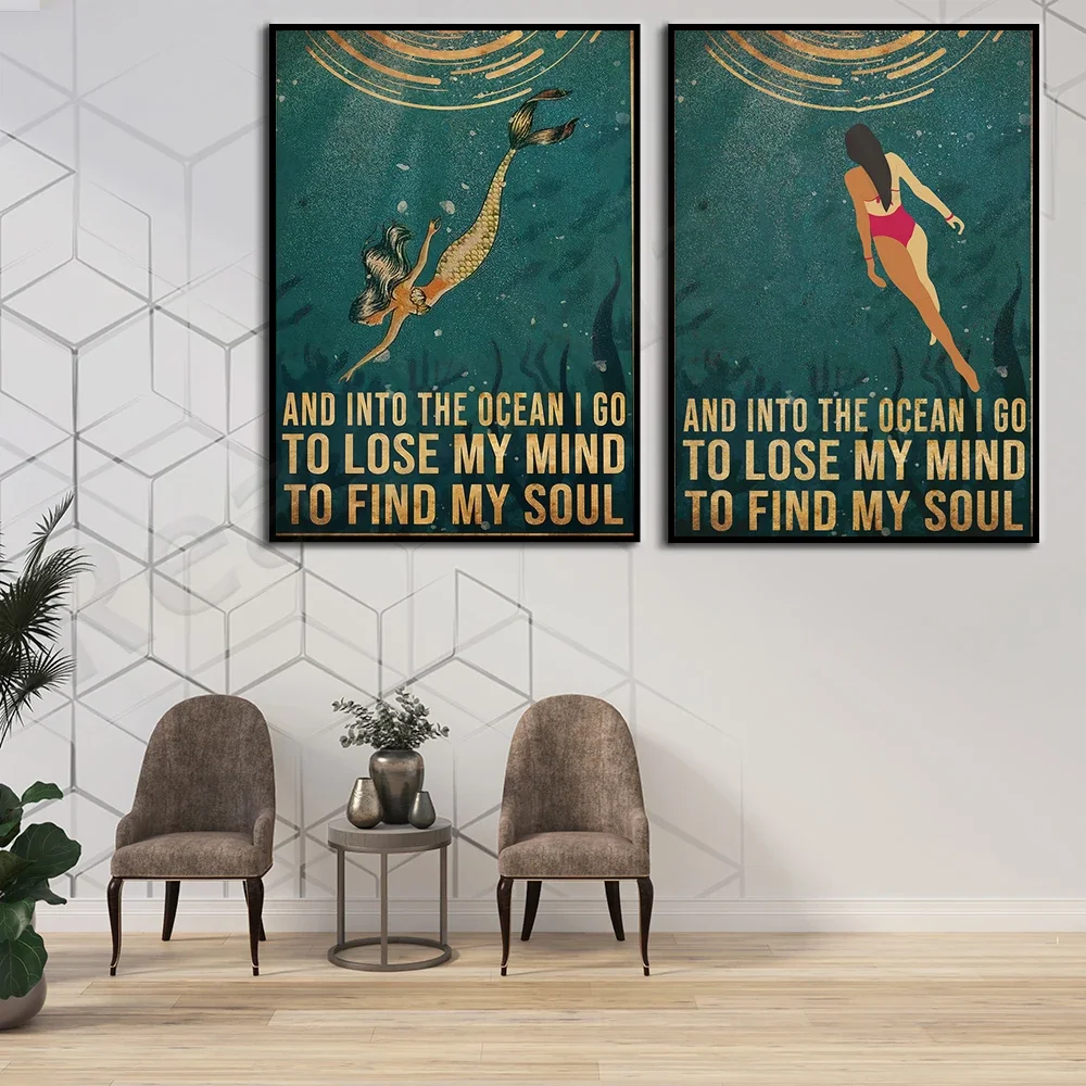 i go to the ocean poster, spiritual, yoga, sea, water, vintage travel wall art deco print on canvas print, birthday gift idea
