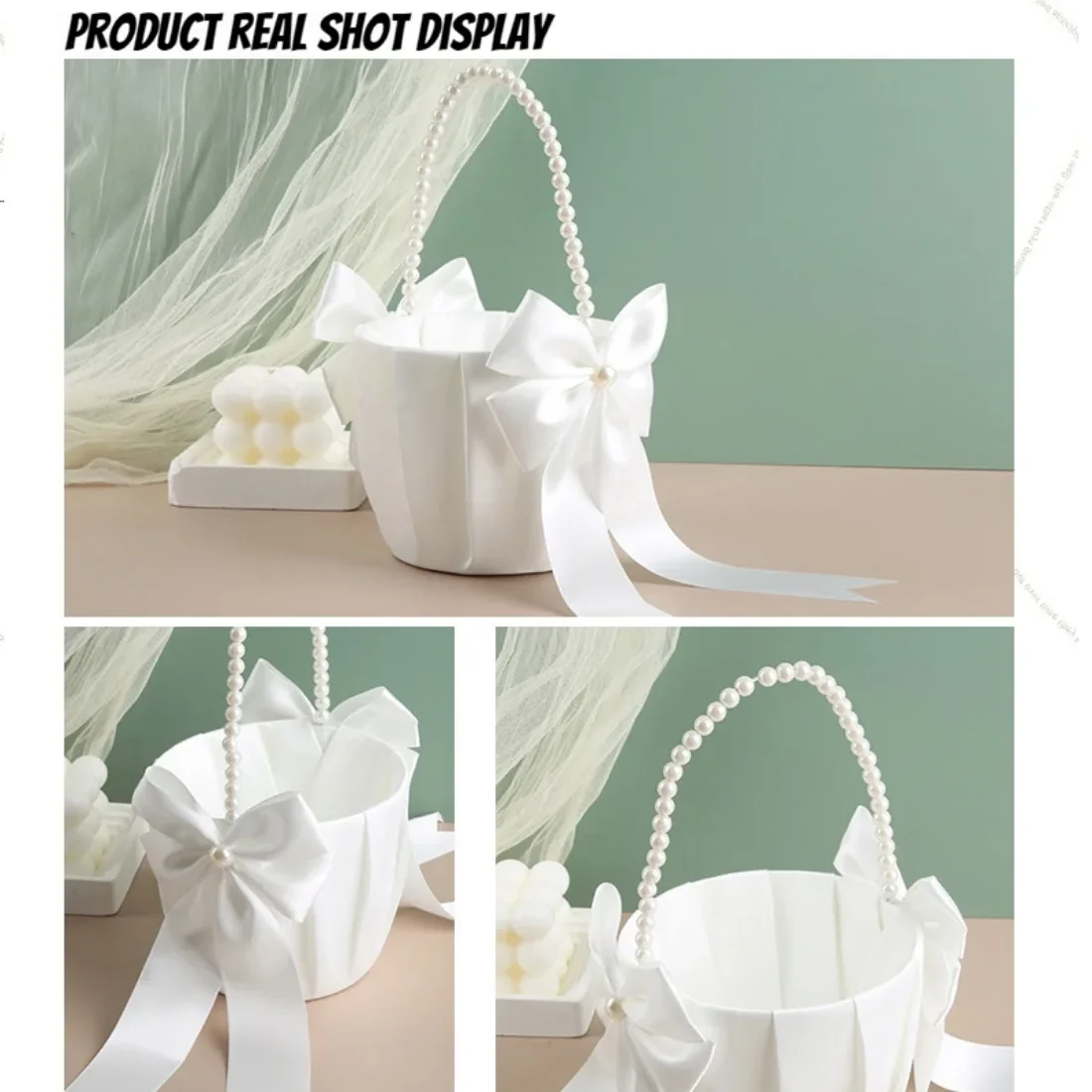 1PC Wedding White Satin Bow Flower Basket Flower Carrying Basket with Pearl Handle Suitable for Bridesmaids and Flower Girls