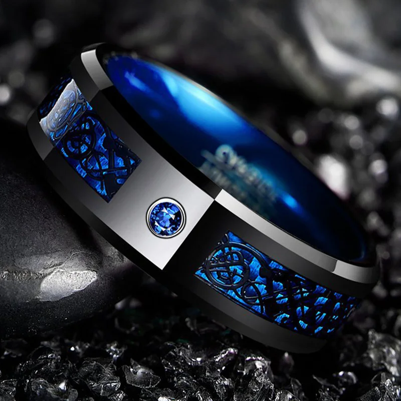 Anillo de carburo de tungsteno de 8mm Para hombre y mujer, sortija de fibra de carbono, circonita azul, dragón negro, joyería, venta al por mayor