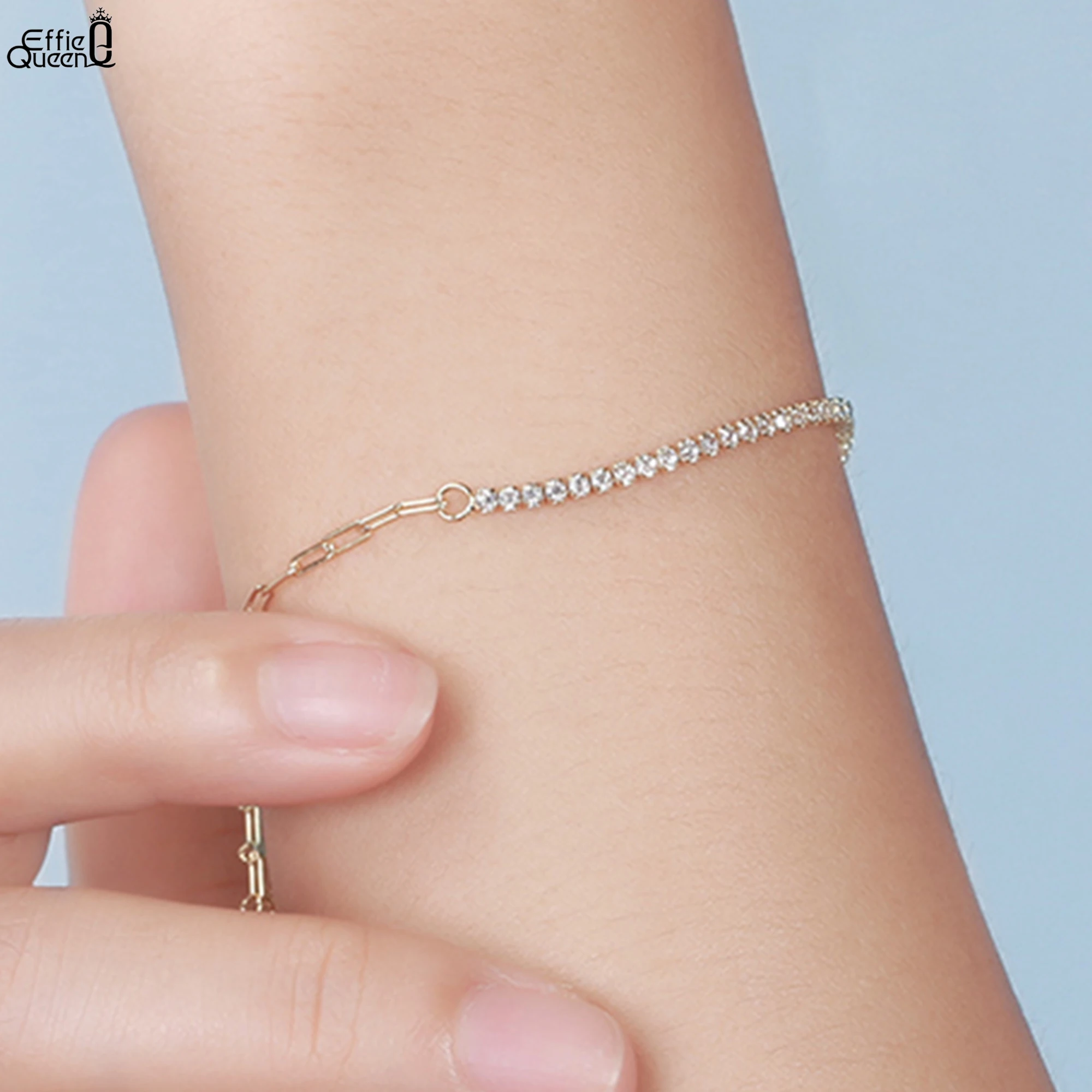

EFFIE QUEEN 925 Sterling Silver 14k Gold Tennis Chain Bracelet Paperclip Chain and Zirconia Fine Jewelry for Women Banquet SB141