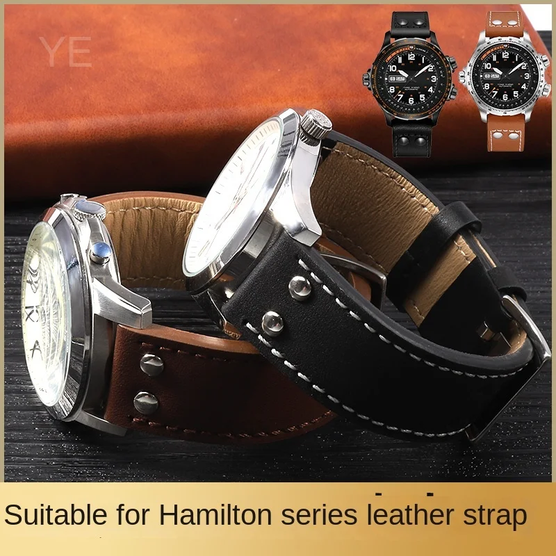 สายนาฬิกาหนังวัวแท้ระบายอากาศได้ดีเป็นมิตรต่อผิวอุปกรณ์เสริมสำหรับ H760250ฮามิลตันสีกากีการบินขนาด20 22มม.