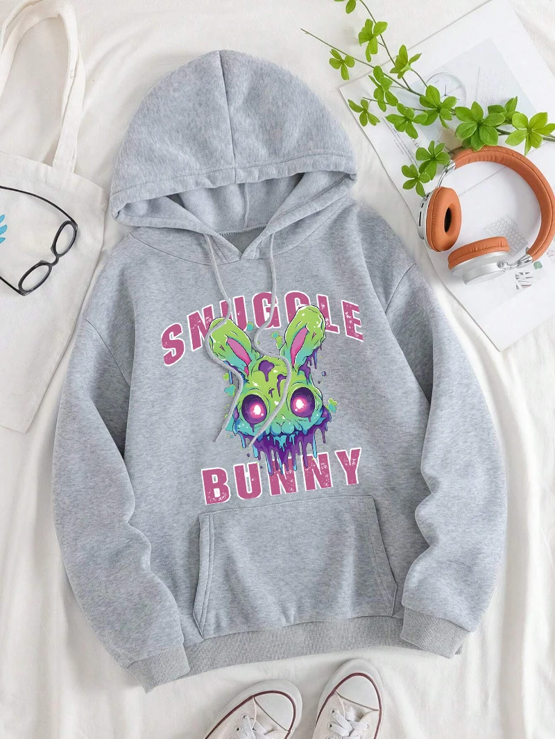 Snuggle Bunny Hoodies Womens Funny Manga Printing Sportswear Pocket Loose Fleece Warm Tops Winter Comfortable Womans Clothing