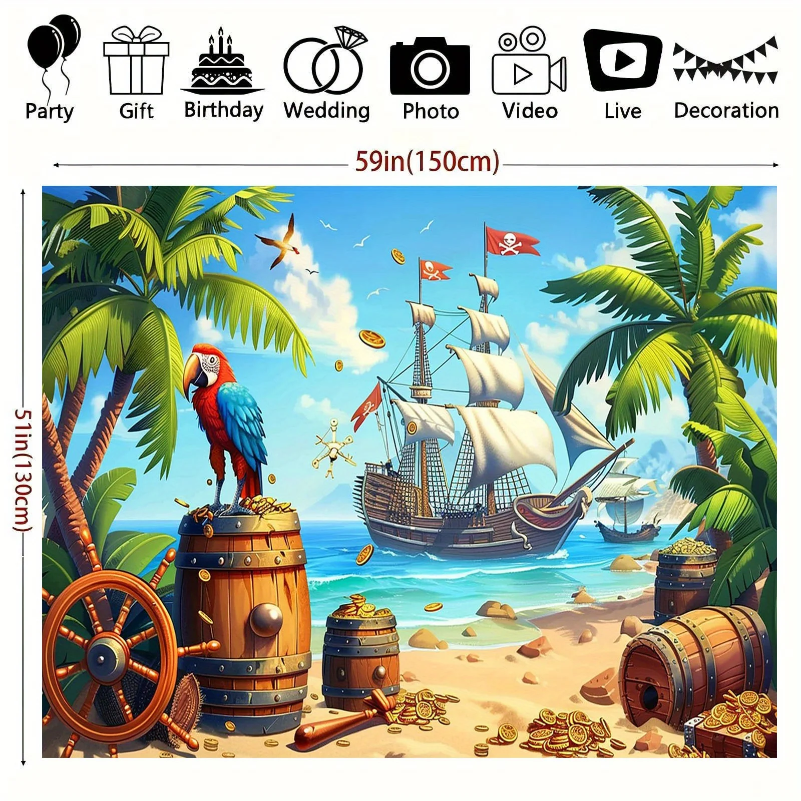Banner Pirate Treasure Hunt Party - Escena de playa tropical vibrante con cofres de tesoro, loros y veleros