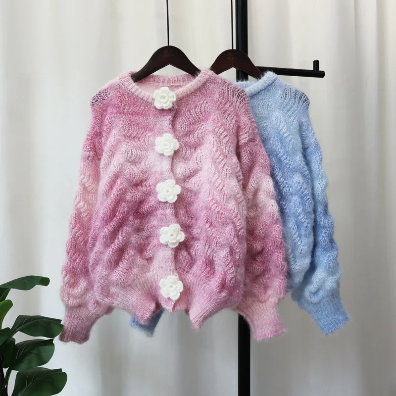 Three-dimensional Flower Design O-Neck Long Sleeve Button Up Cardigan Sweater Tie Dye Coat Autumn Women y2k clothing Knitted Top