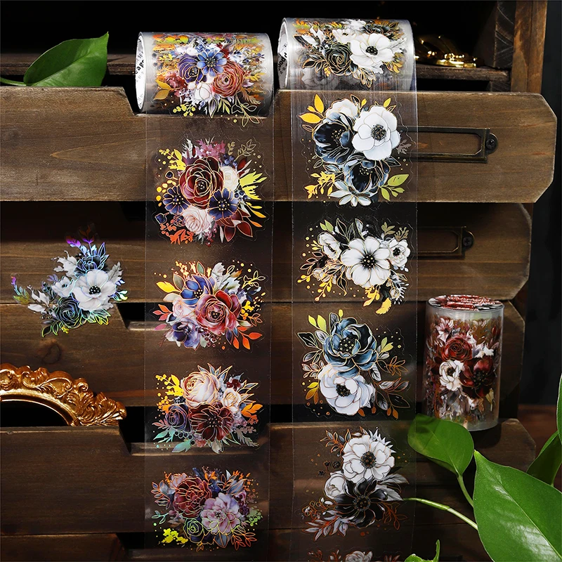 60mm*200cm Midnight Garden Series Vintage Plant Flower Bronzing PET Tape Creative DIY Journal Material Collage Stationery