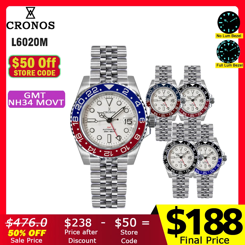 Cronos GMT NH34 Automatic Men Watch White Dial Bidirectional Bezel Sapphire 20 ATM Solid 5 links Metal Bracelet BGW-9 Lum