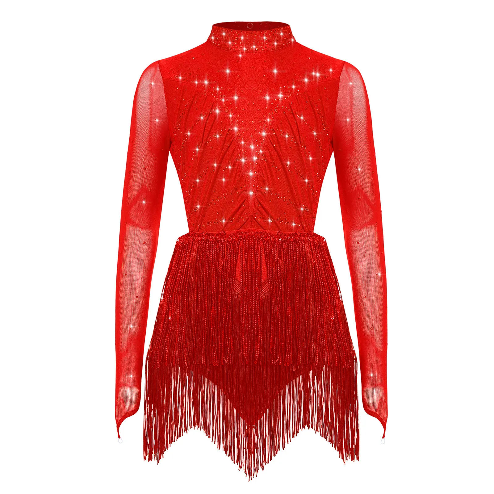 

Kids Girl Latin Dance Leotard Mock Neck Long Sleeve Backless Shiny Rhinestones Gymnastics Bodysuit for Figure Skating Dance Show