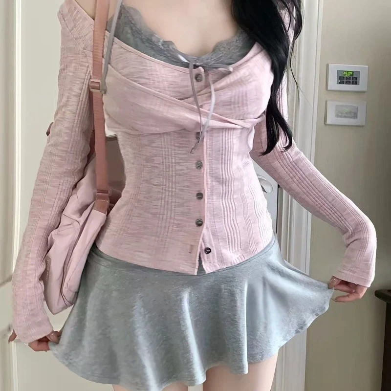 

2025 Slim Fit Long Sleeve Cardigan Coat Women+ Lace Patchwork Camisole Vest+ High Waist A-line Skirts Summer Three Piece Sets